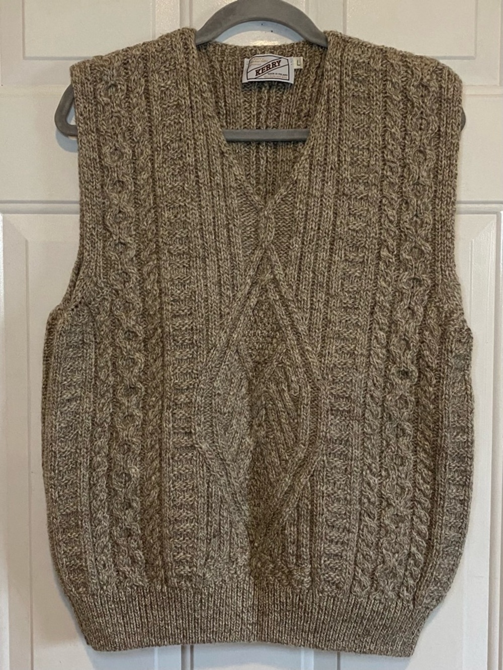 Kerry Woolen Mills Ireland Wool Knitted Waistcoat Vest Pullover Beige Sz Large